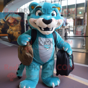 Teal Saber-Toothed Tiger mascot costume character dressed with a T-Shirt and Messenger bags