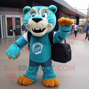 Teal Saber-Toothed Tiger mascot costume character dressed with a T-Shirt and Messenger bags