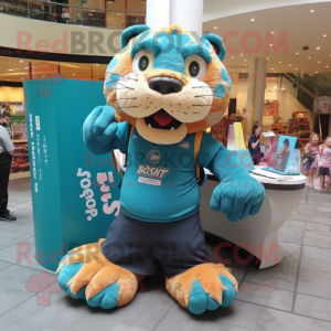 Teal Saber-Toothed Tiger mascot costume character dressed with a T-Shirt and Messenger bags