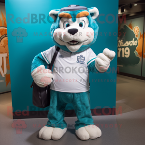 Teal Saber-Toothed Tiger mascot costume character dressed with a T-Shirt and Messenger bags