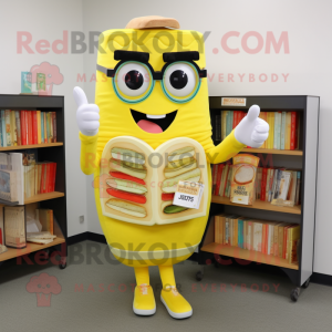 Lemon Yellow Lasagna mascot costume character dressed with a Cardigan and Reading glasses