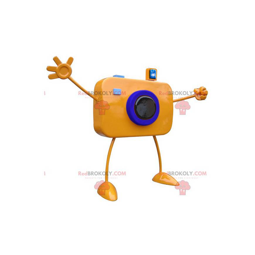 Mascote de câmera gigante laranja com braços grandes -