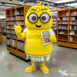 Lemon Yellow Lasagna mascot costume character dressed with a Cardigan and Reading glasses