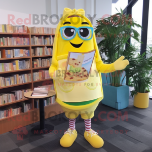Lemon Yellow Lasagna mascot costume character dressed with a Cardigan and Reading glasses