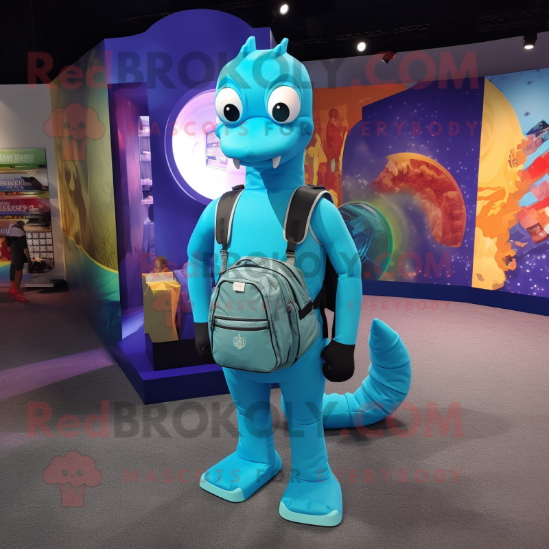 Turquoise Seahorse mascot costume character dressed with a Tank Top and Backpacks