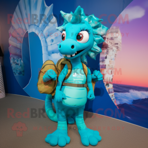 Turquoise Seahorse mascot costume character dressed with a Tank Top and Backpacks