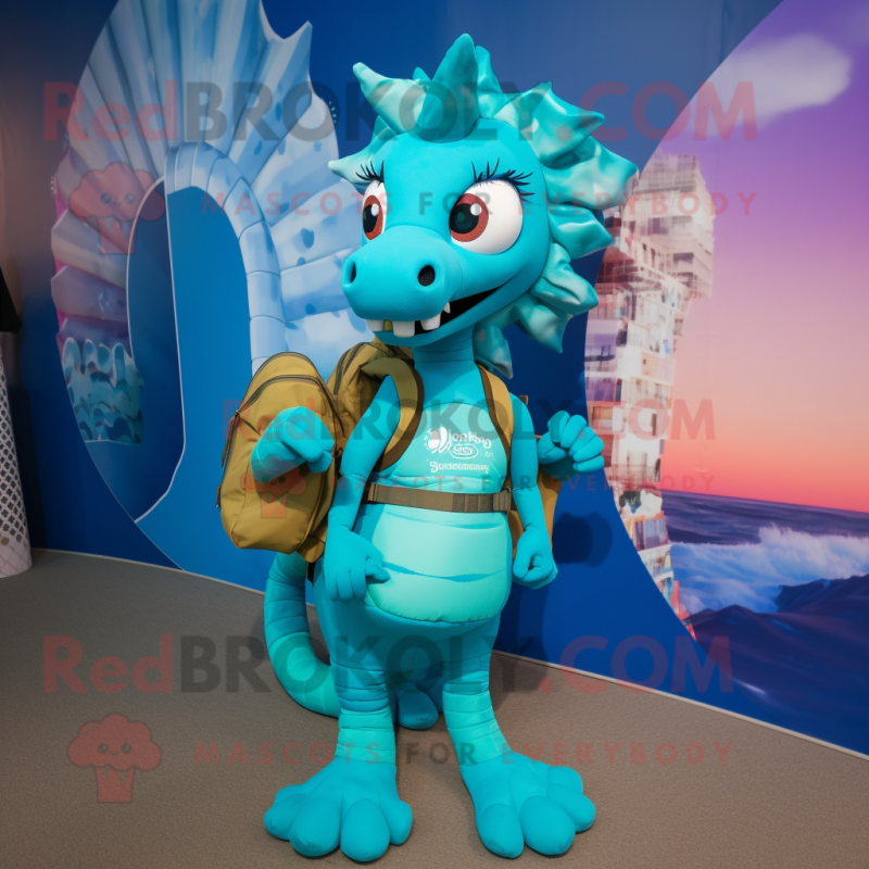 Turquoise Seahorse mascot costume character dressed with a Tank Top and Backpacks Turquoise Seahorse mascot costume character dressed with a Tank Top and Backpacks
