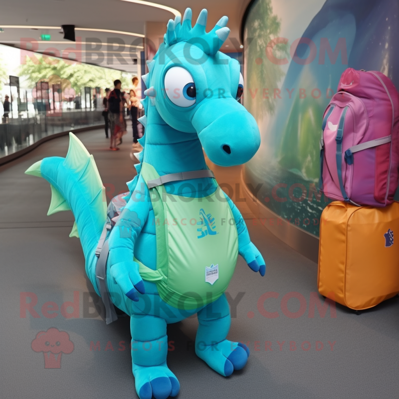 Turquoise Seahorse mascot costume character dressed with a Tank Top and Backpacks Turquoise Seahorse mascot costume character dressed with a Tank Top and Backpacks