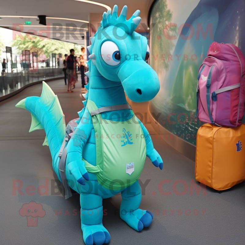 Turquoise Seahorse mascot costume character dressed with a Tank Top and Backpacks