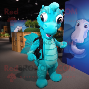 Turquoise Seahorse mascot costume character dressed with a Tank Top and Backpacks