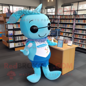 Sky Blue Narwhal mascot costume character dressed with a Leggings and Reading glasses