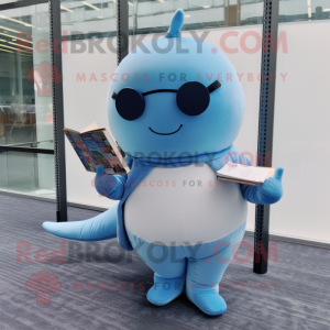Sky Blue Narwhal mascot costume character dressed with a Leggings and Reading glasses