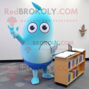Sky Blue Narwhal mascot costume character dressed with a Leggings and Reading glasses