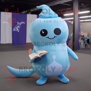 Sky Blue Narwhal mascot costume character dressed with a Leggings and Reading glasses