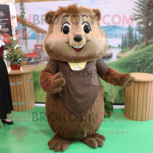 Olive Beaver mascot costume character dressed with a Blouse and Hair clips