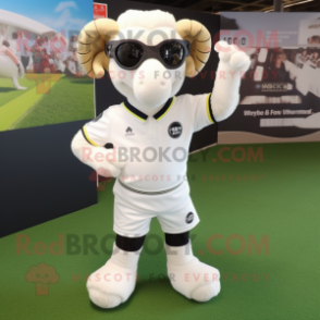 White Ram mascot costume character dressed with a Rugby Shirt and Sunglasses