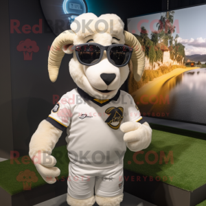 White Ram mascot costume character dressed with a Rugby Shirt and Sunglasses