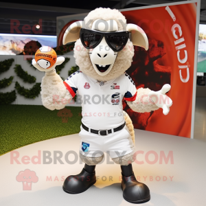 White Ram mascot costume character dressed with a Rugby Shirt and Sunglasses