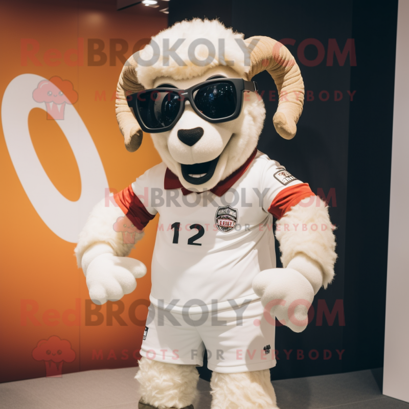 White Ram mascot costume character dressed with a Rugby Shirt and Sunglasses