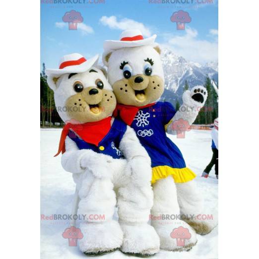 2 mascottes d'ours blancs habillés en cow-boy - Redbrokoly.com