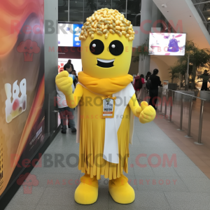 Yellow Pop Corn mascot costume character dressed with a Cover-up and Scarf clips