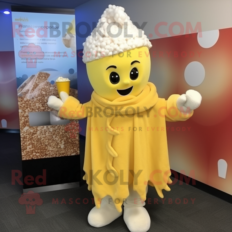 Yellow Pop Corn mascot costume character dressed with a Cover-up and Scarf clips