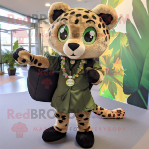 Olive Leopard mascot costume character dressed with a Shift Dress and Backpacks