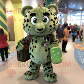 Olive Leopard mascot costume character dressed with a Shift Dress and Backpacks