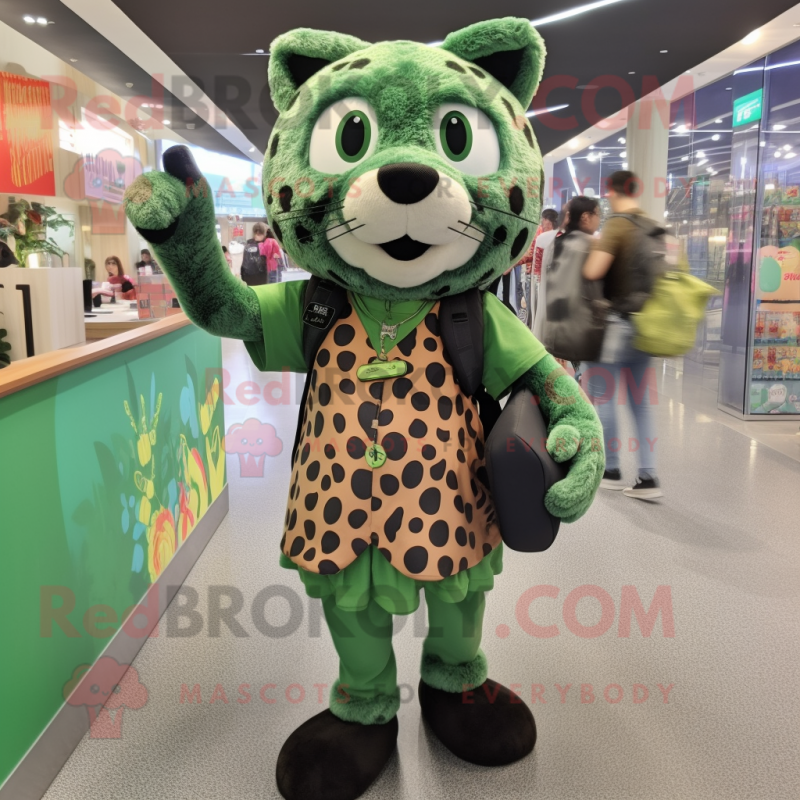 Olive Leopard mascot costume character dressed with a Shift Dress and Backpacks