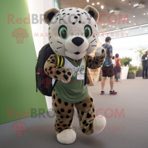 Olive Leopard mascot costume character dressed with a Shift Dress and Backpacks