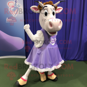 Lavender Jersey Cow mascot costume character dressed with a Ball Gown and Shoe laces