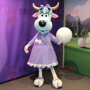 Lavender Jersey Cow mascot costume character dressed with a Ball Gown and Shoe laces