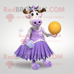 Lavender Jersey Cow mascot costume character dressed with a Ball Gown and Shoe laces