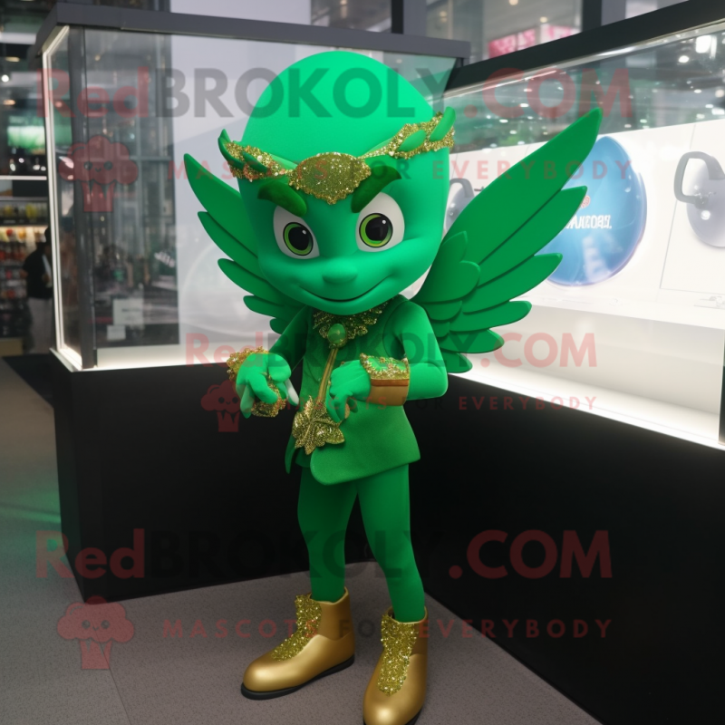 Green Cupid mascot costume character dressed with a Suit Jacket and Bracelet watches Green Cupid mascot costume character dressed with a Suit Jacket and Bracelet watches
