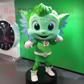 Green Cupid mascot costume character dressed with a Suit Jacket and Bracelet watches