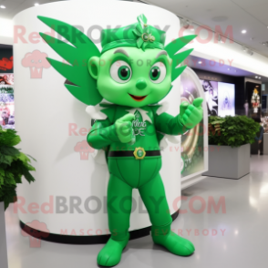 Green Cupid mascot costume character dressed with a Suit Jacket and Bracelet watches