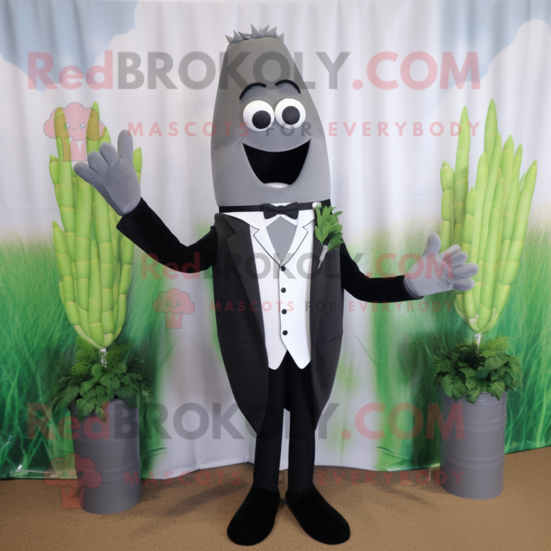 Gray Asparagus mascot costume character dressed with a Tuxedo and Cufflinks