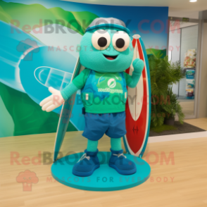 Turquoise Irish Flag mascot costume character dressed with a Board Shorts and Bow ties