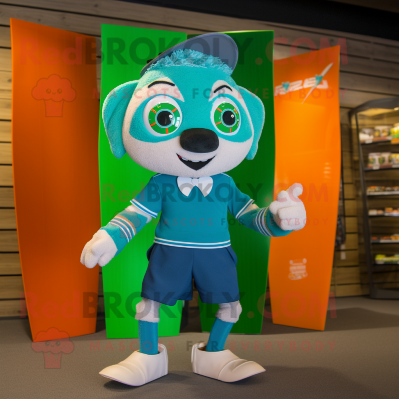 Turquoise Irish Flag mascot costume character dressed with a Board Shorts and Bow ties Turquoise Irish Flag mascot costume character dressed with a Board Shorts and Bow ties