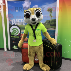 Lime Green Meerkat mascot costume character dressed with a Board Shorts and Briefcases