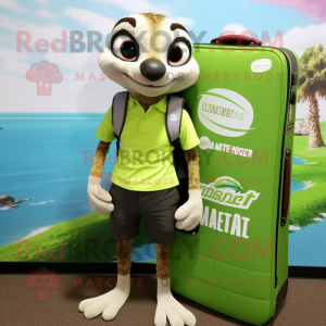 Lime Green Meerkat mascot costume character dressed with a Board Shorts and Briefcases