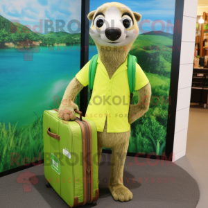 Lime Green Meerkat mascot costume character dressed with a Board Shorts and Briefcases