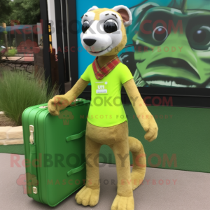 Lime Green Meerkat mascot costume character dressed with a Board Shorts and Briefcases