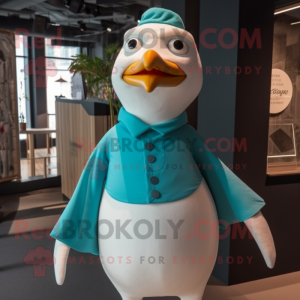 Turquoise Seagull mascot costume character dressed with a Turtleneck and Suspenders