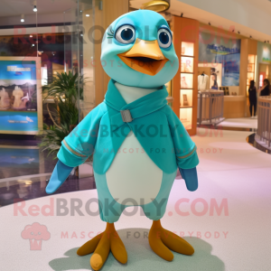 Turquoise Seagull mascot costume character dressed with a Turtleneck and Suspenders