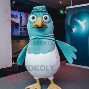 Turquoise Seagull mascot costume character dressed with a Turtleneck and Suspenders