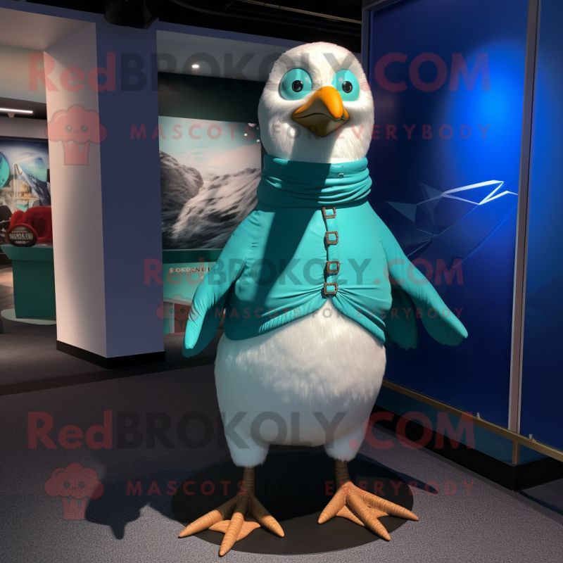 Turquoise Seagull mascot costume character dressed with a Turtleneck and Suspenders Turquoise Seagull mascot costume character dressed with a Turtleneck and Suspenders