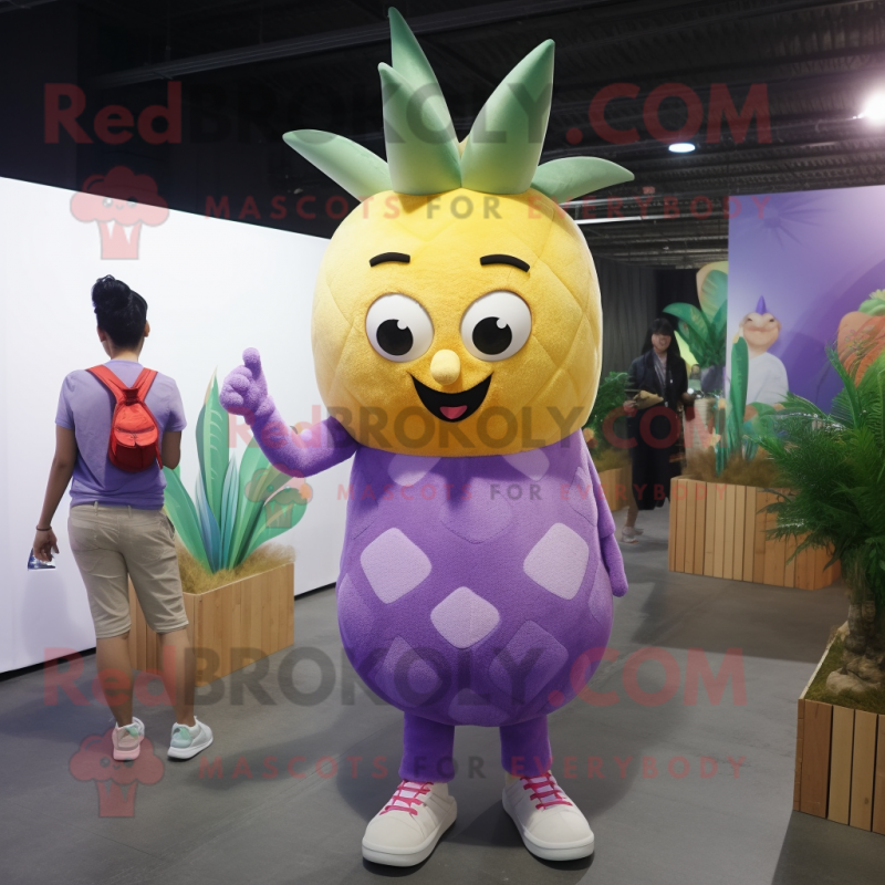 Lavender Pineapple mascot costume character dressed with a Jeggings and Shoe laces