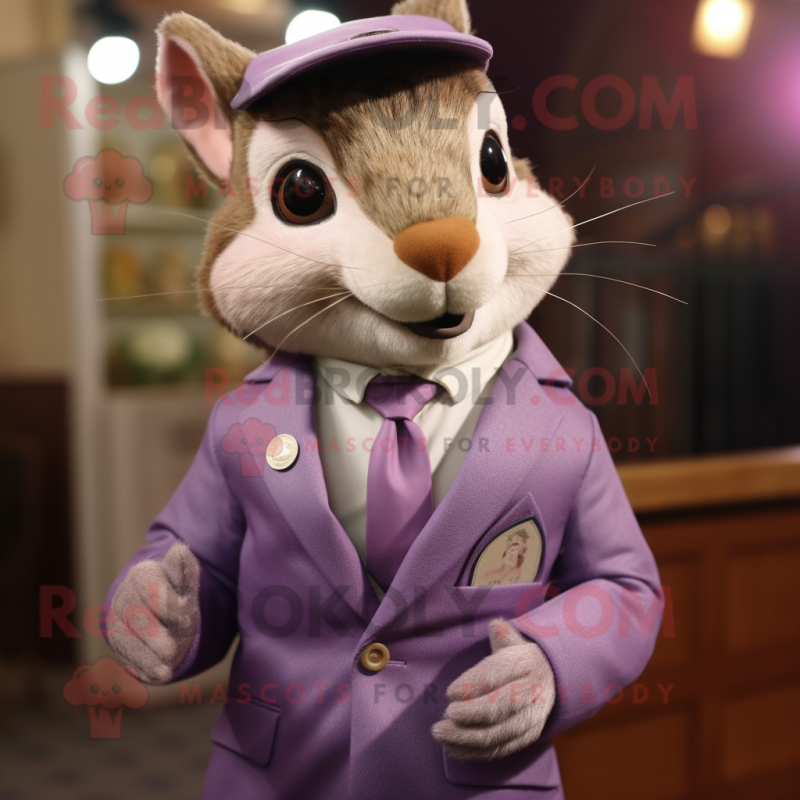Lavender Squirrel mascot costume character dressed with a Suit Jacket and Pocket squares Lavender Squirrel mascot costume character dressed with a Suit Jacket and Pocket squares