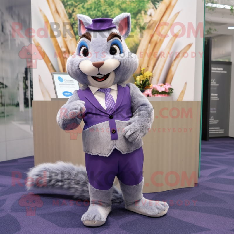 Lavender Squirrel mascot costume character dressed with a Suit Jacket and Pocket squares Lavender Squirrel mascot costume character dressed with a Suit Jacket and Pocket squares
